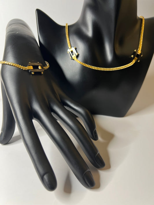 Gold and Black Necklace and Bracelet Set