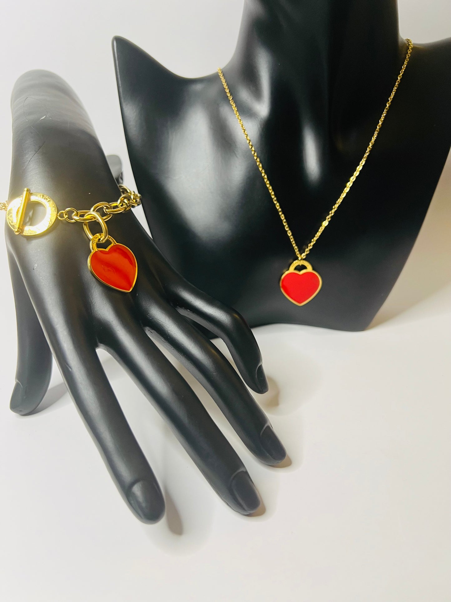 Gold Necklace and Bracelet Set with Red Heart Pendant