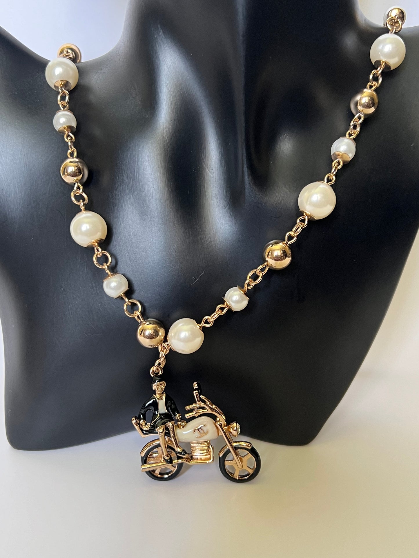 Long Gold and Pearl Necklace with Bike Pendant