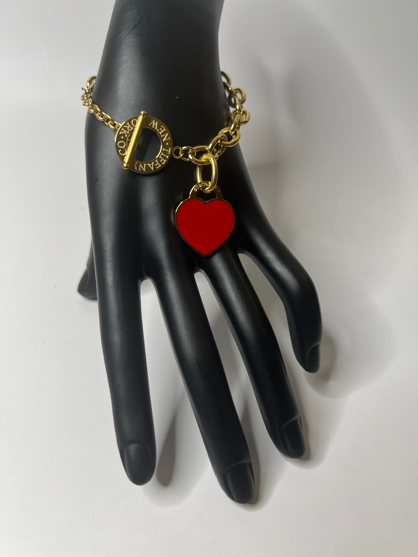 Gold Necklace and Bracelet Set with Red Heart Pendant