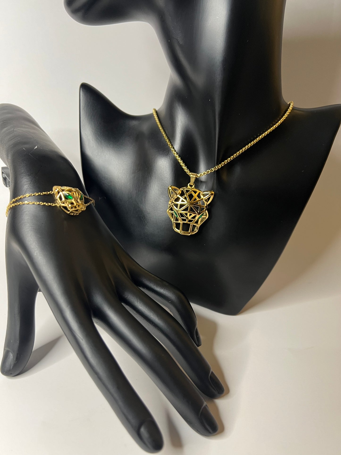 Gold Necklace and Bracelet Set with Tiger Head