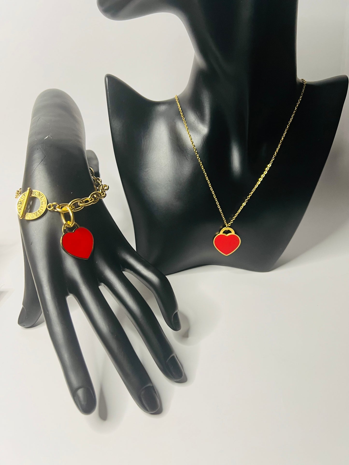 Gold Necklace and Bracelet Set with Red Heart Pendant