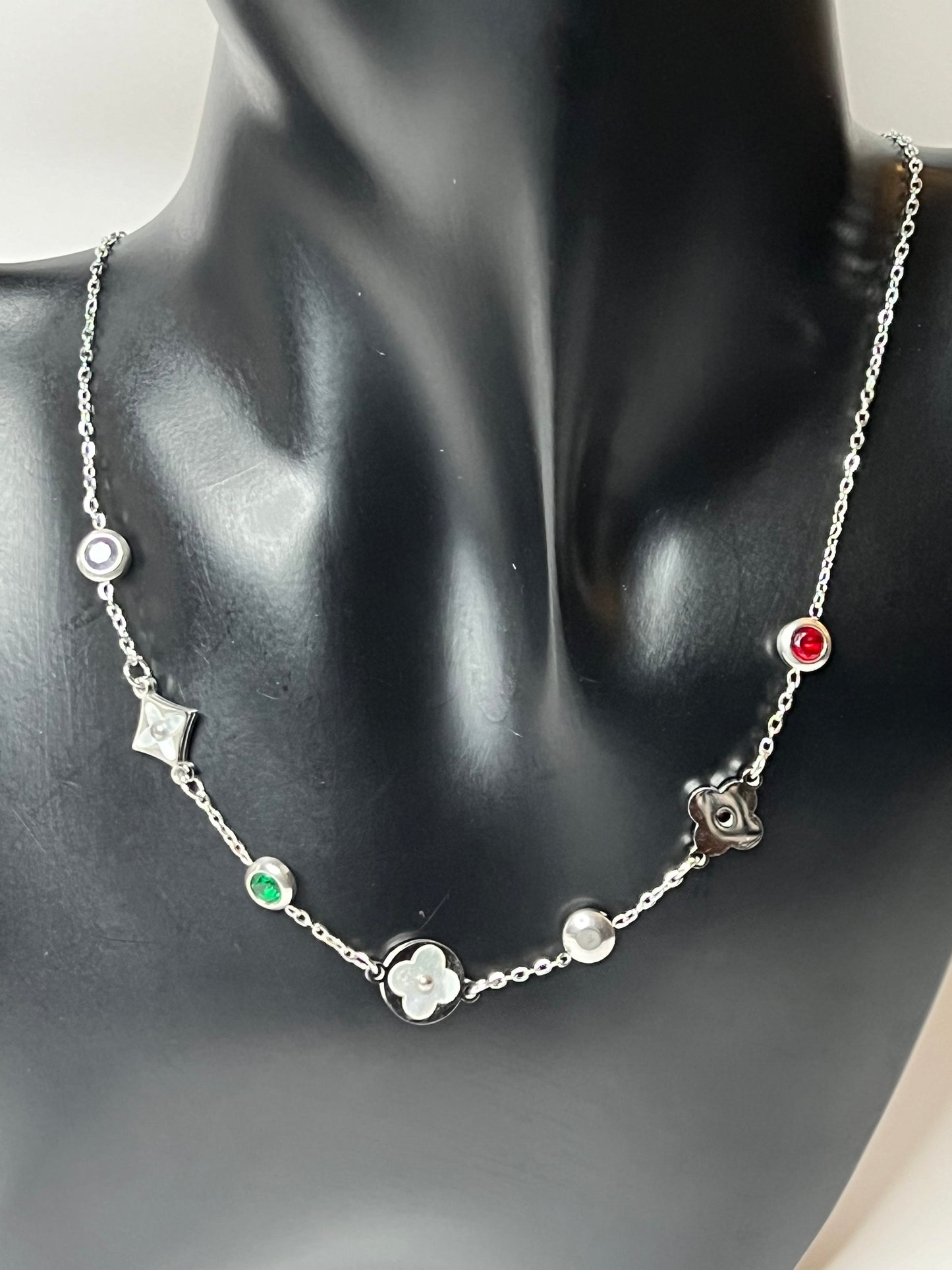 Silver Necklace and Bracelet Set with Colorful Charms