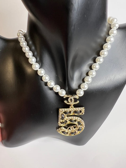 Pearl Necklace with Number 5 Pendant