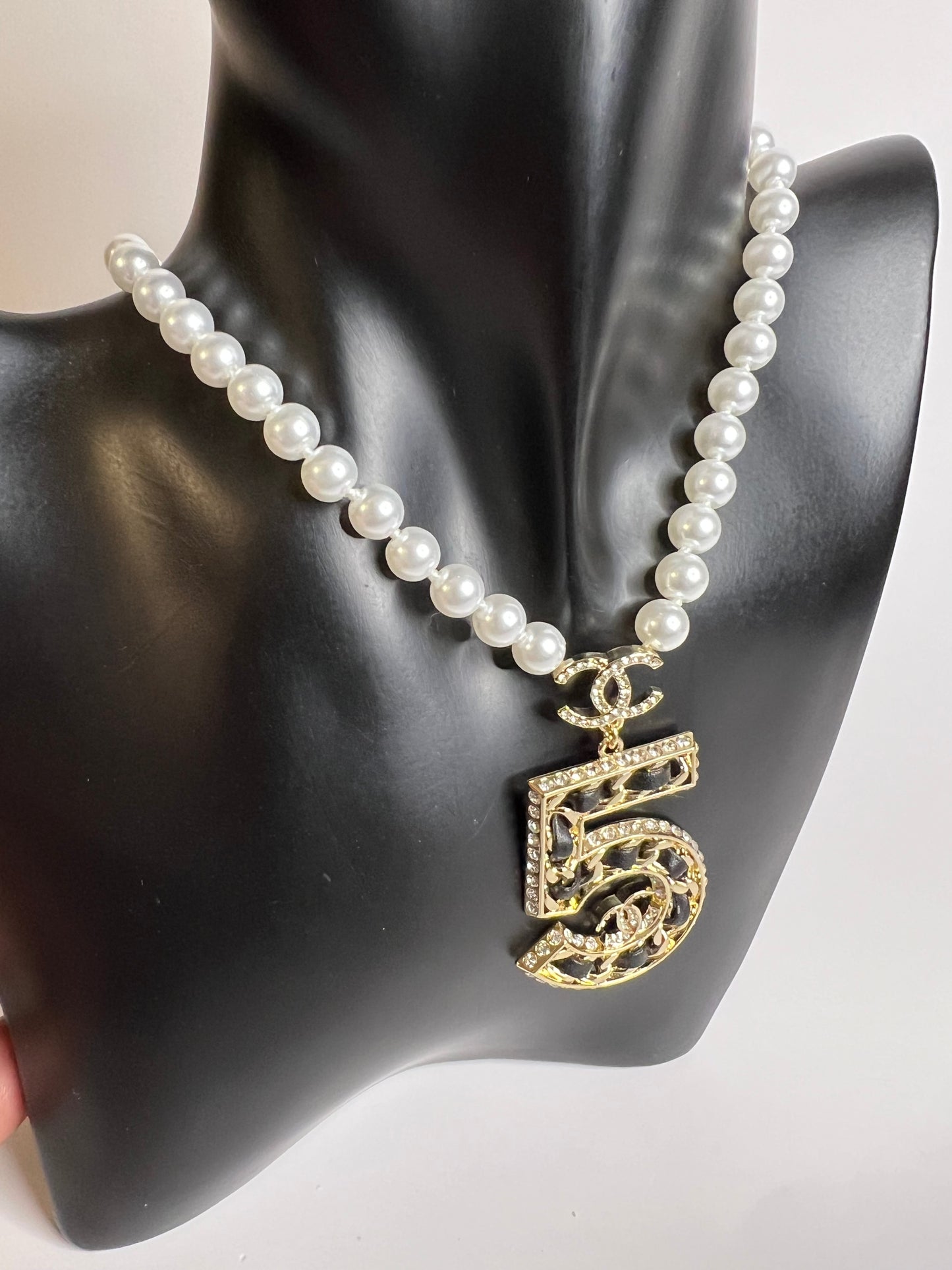 Pearl Necklace with Number 5 Pendant