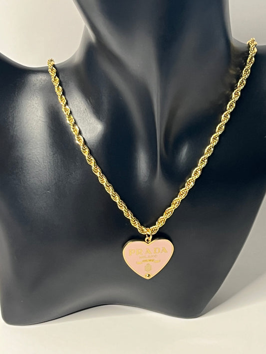 Golden Necklace with Pink Heart Pendant