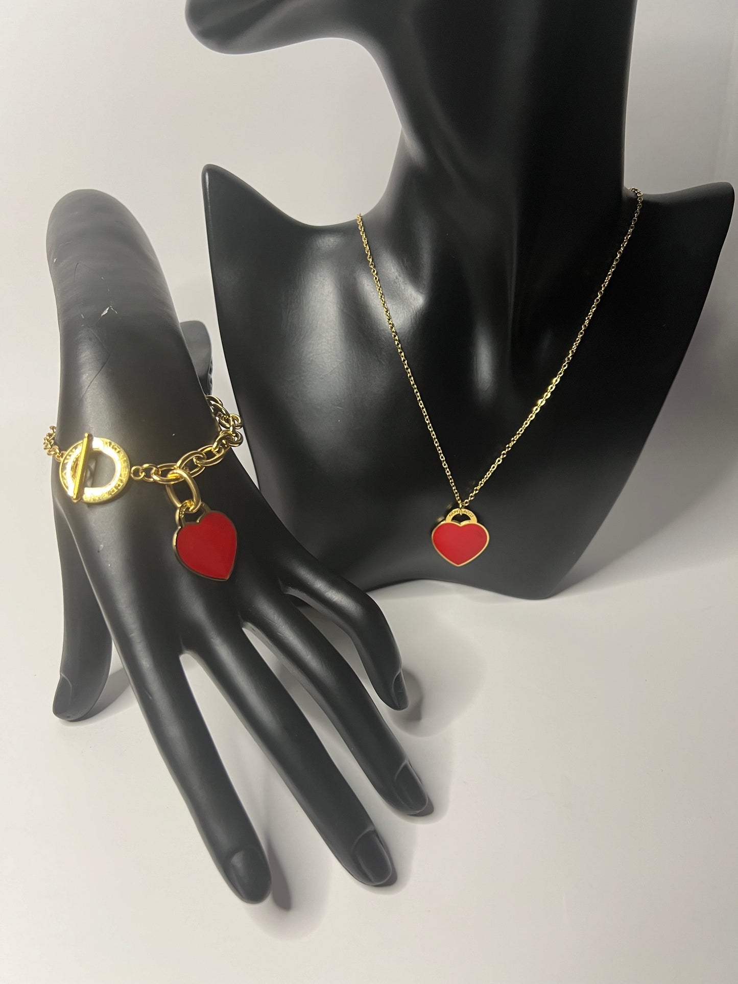 Gold Necklace and Bracelet Set with Red Heart Pendant