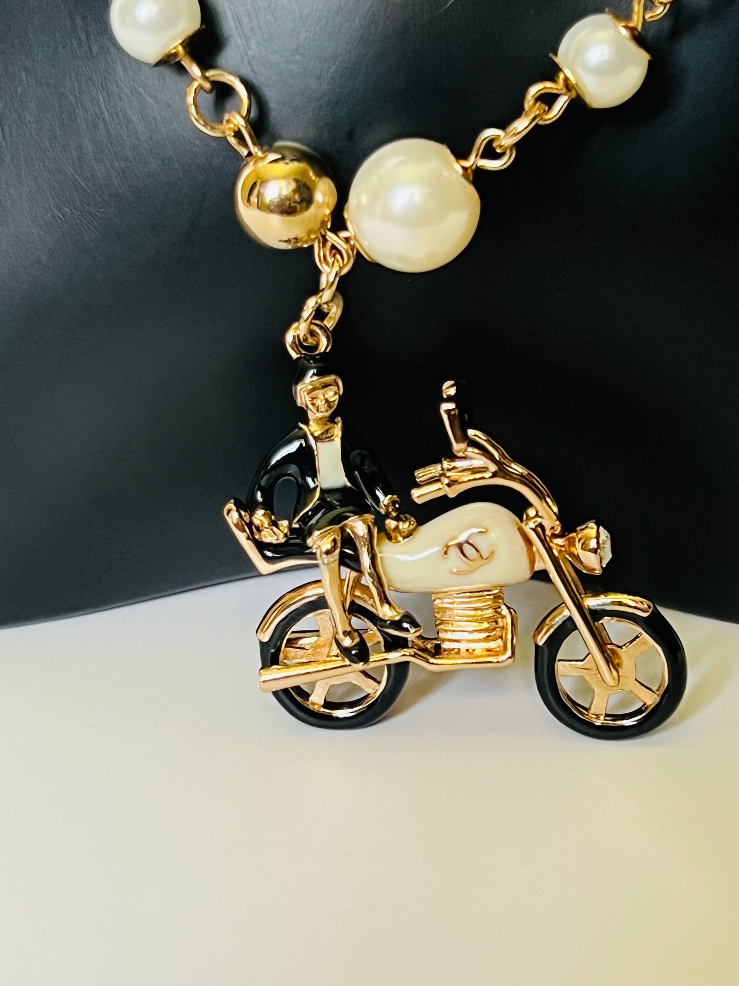 Long Gold and Pearl Necklace with Bike Pendant