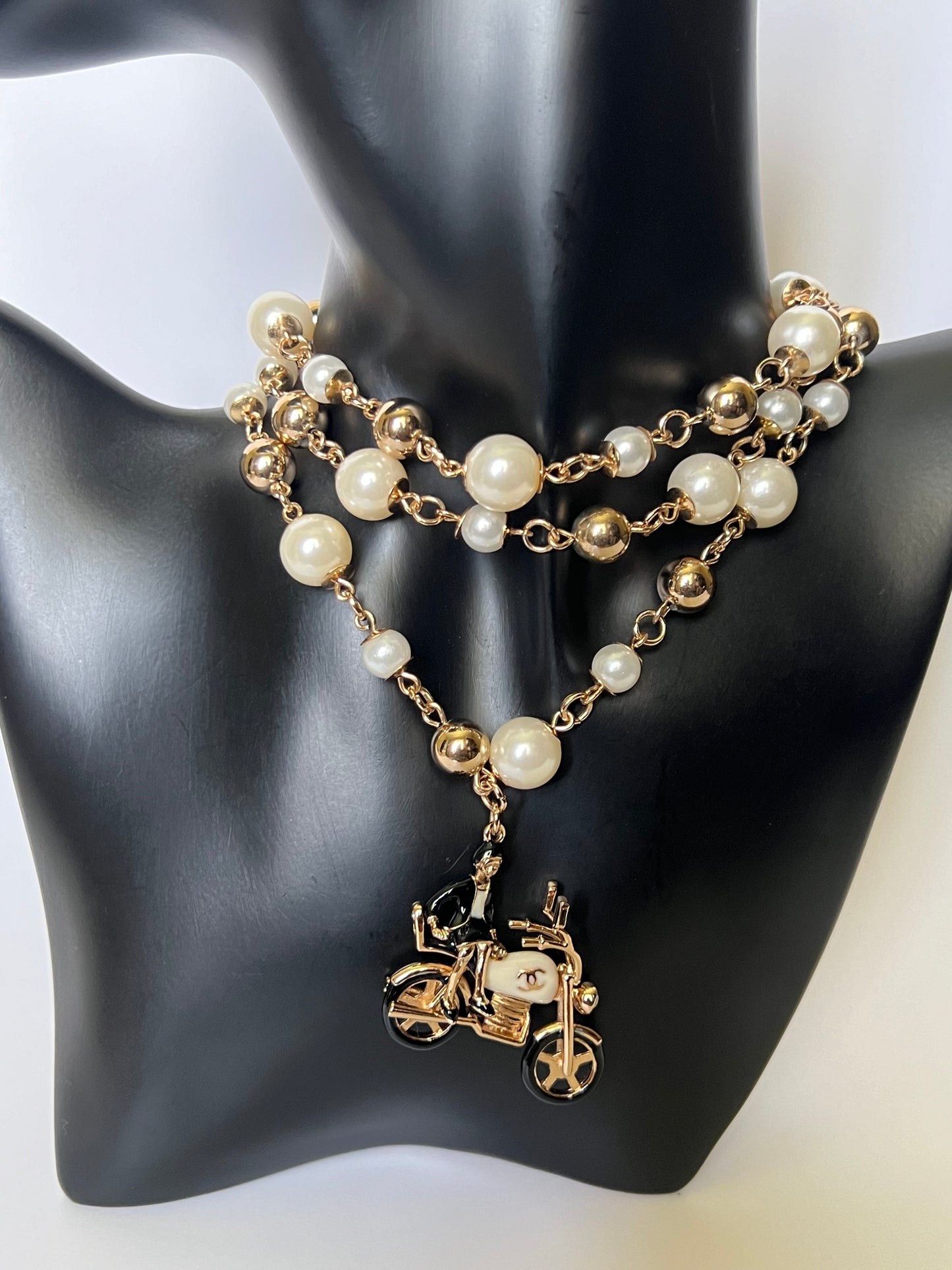 Long Gold and Pearl Necklace with Bike Pendant