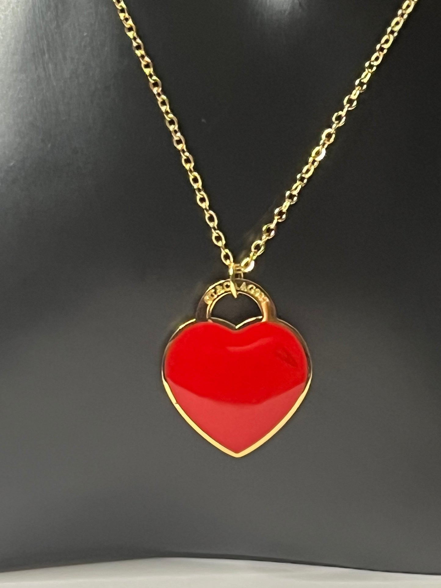 Gold Necklace and Bracelet Set with Red Heart Pendant