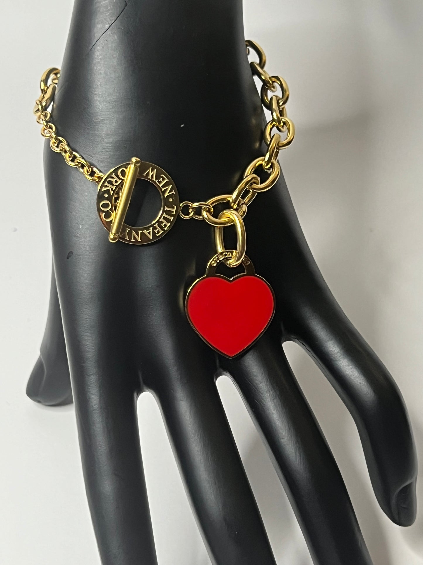 Gold Necklace and Bracelet Set with Red Heart Pendant