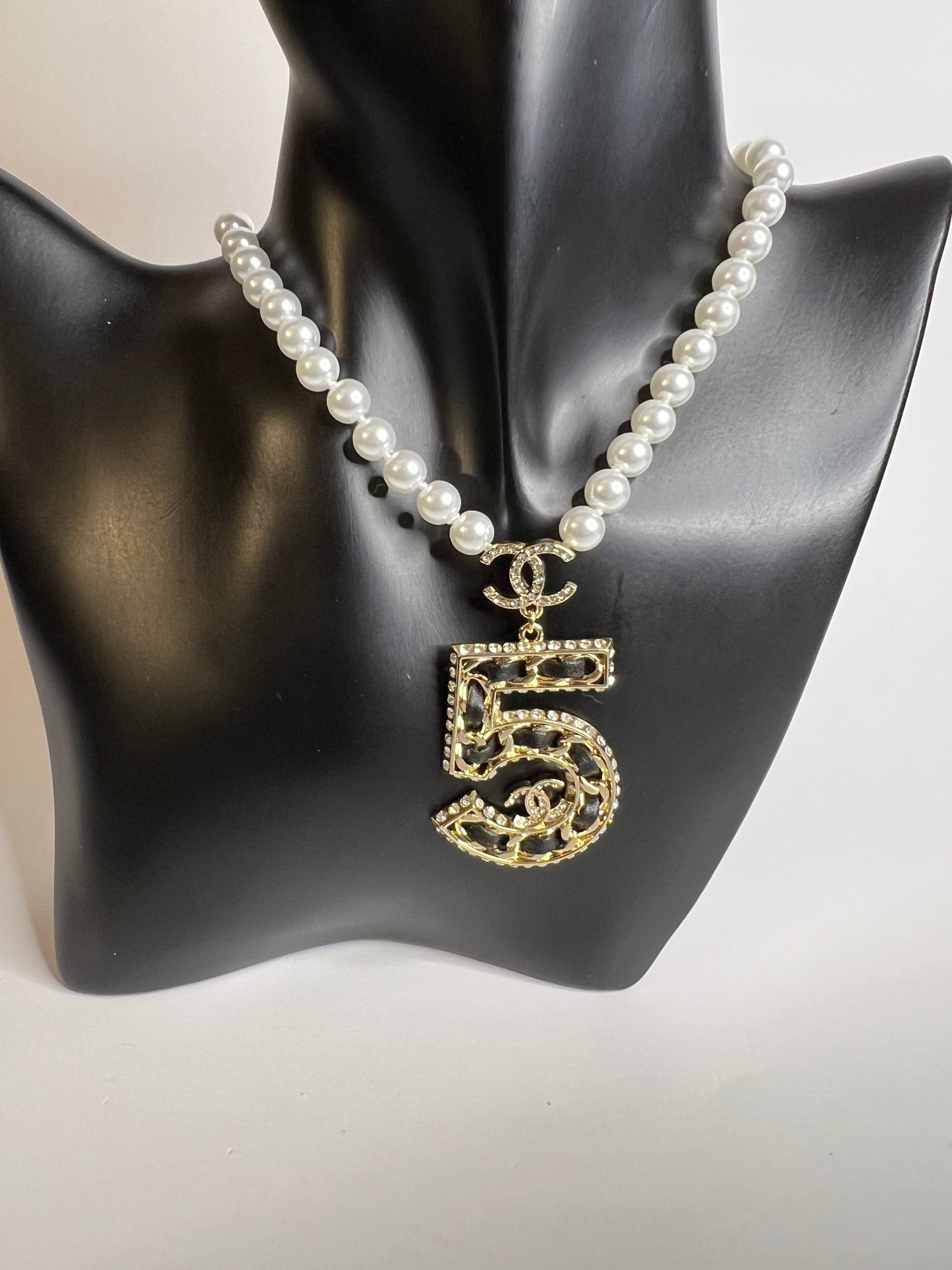 Pearl Necklace with Number 5 Pendant