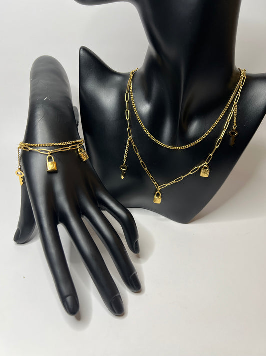 Golden Necklace and Bracelet Set With Charms Pendants