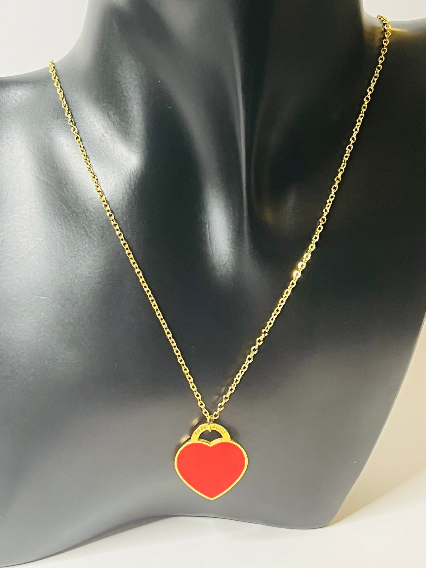 Gold Necklace and Bracelet Set with Red Heart Pendant