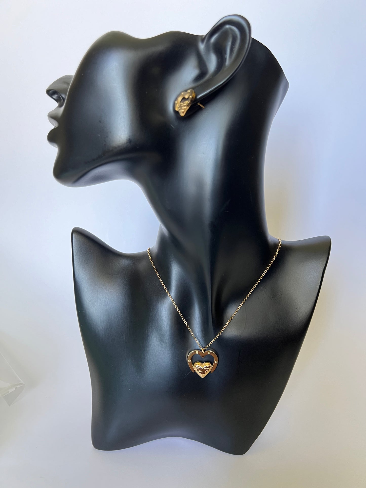 Gold Necklace and Earrings Set with a Heart Pendant