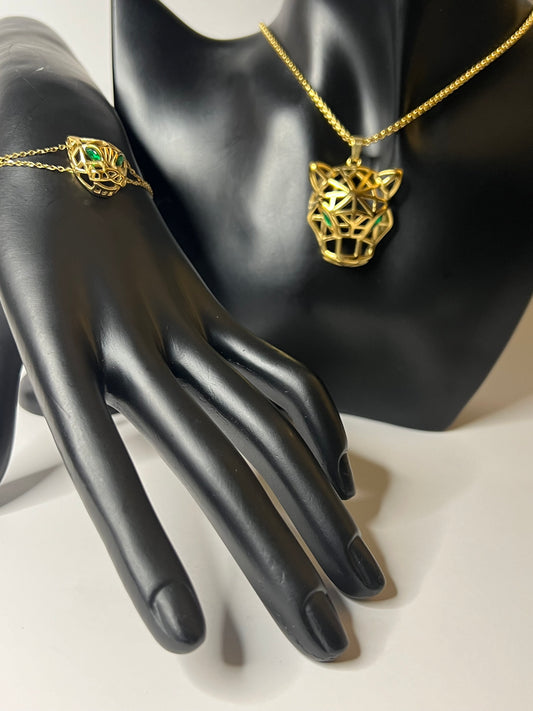 Gold Necklace and Bracelet Set with Tiger Head