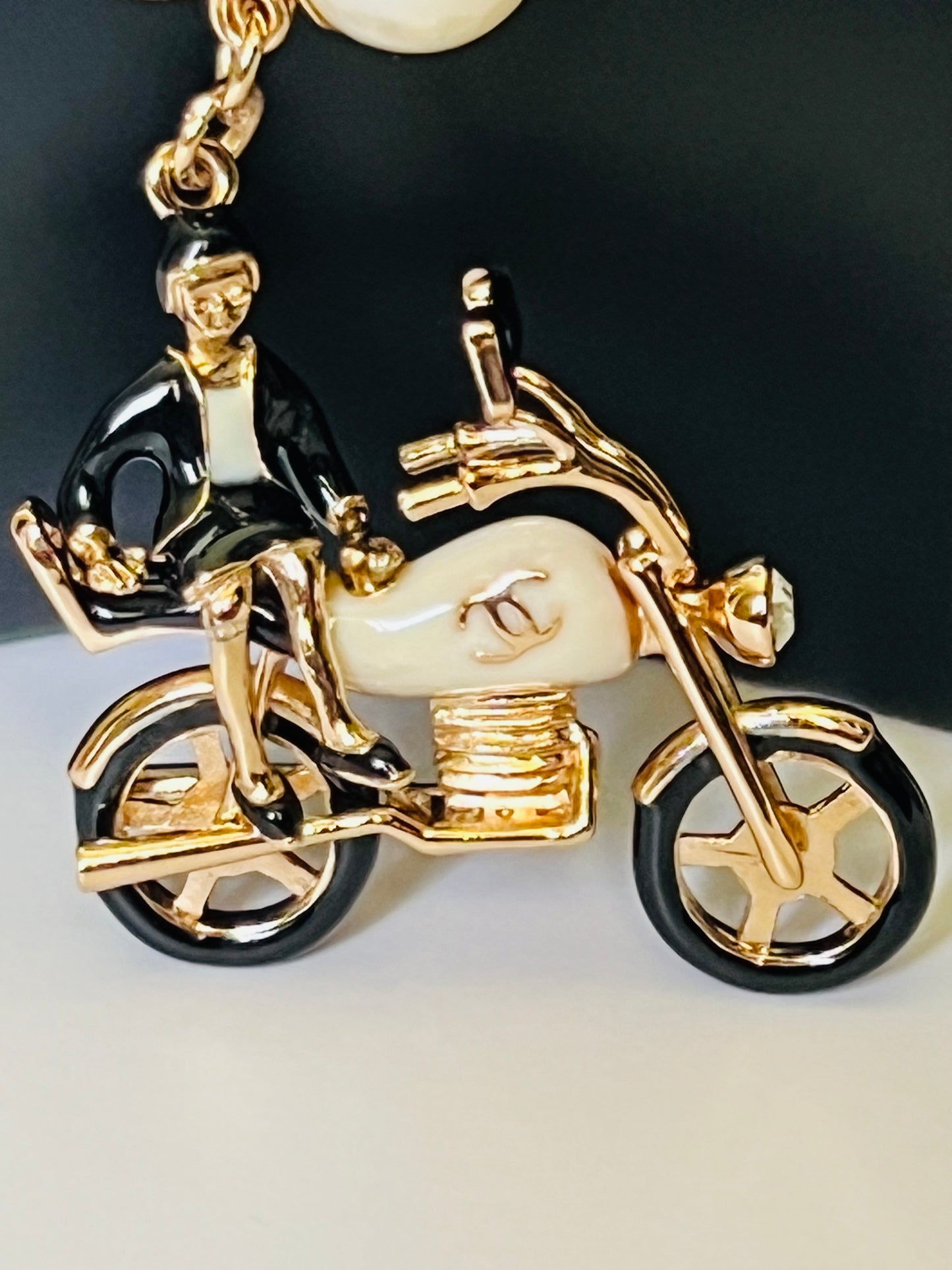 Long Gold and Pearl Necklace with Bike Pendant